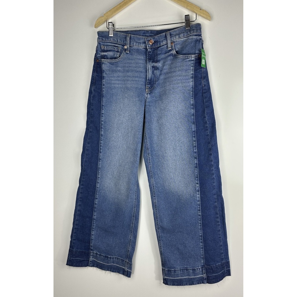 NWT GAP High Rise Stride Wide Leg Jeans 30 10R Colorblock Blue Denim Raw Hem - Picture 11 of 11